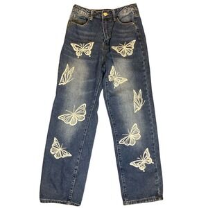 Butterfly Embroidered Straight Leg Mom Jeans Womens XS Blue Coquette Boho Y2K